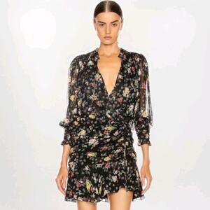 Veronica Beard Armeria Wrap Dress 2 Silk Black Floral Ruched Smocked Cottage XS